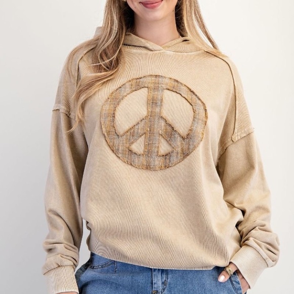 NEW EASEL CLOTHING WASHED TERRY KNIT PULLOVER PEACE HOODIE OATMEAL SWEATSHIRT - Picture 3 of 5